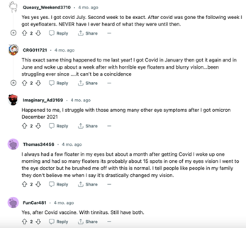  A sample of replies is shown in which several individuals report similar experiences. One notes that they had never even heard of floaters prior to developing them after COVID, and another reports being met with dismissiveness and a lack of understanding by doctors and family members. Yet another indicates that they began experiencing both floaters and tinnitus after a COVID vaccine and says that neither symptom has abated.