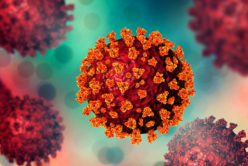 Illustration of red and orange virus particles